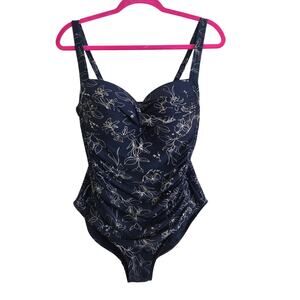 Niptuck Swim Navy Floral Ruched One Piece Swimsuit Women’s 10